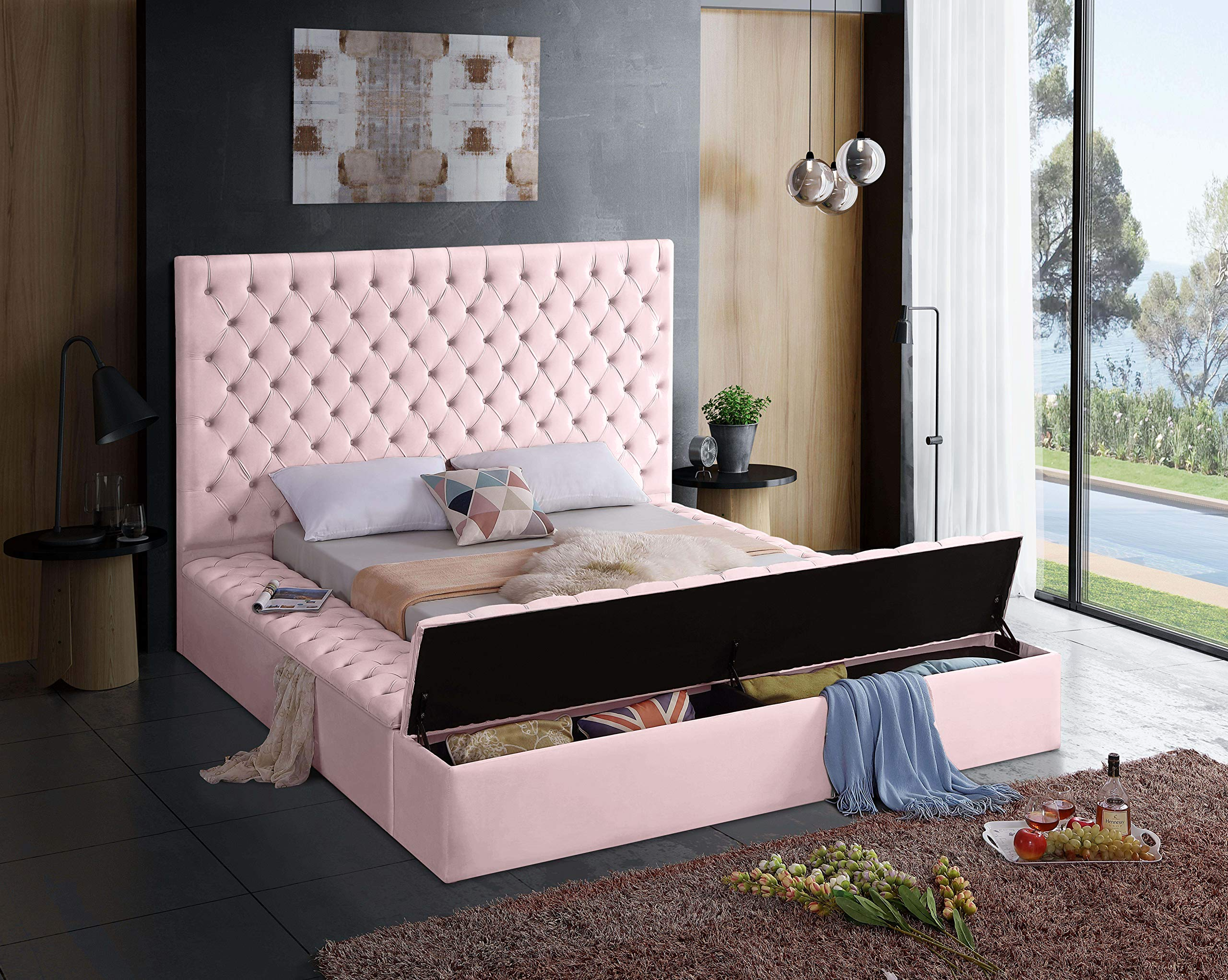 Velvet Upholstered Bed with Deep Button Tufting & Storage