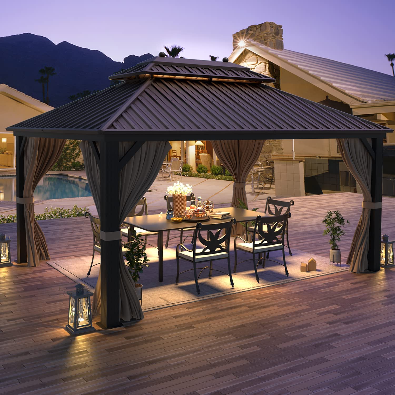 Hardtop Gazebo with Netting and Curtains for Patios