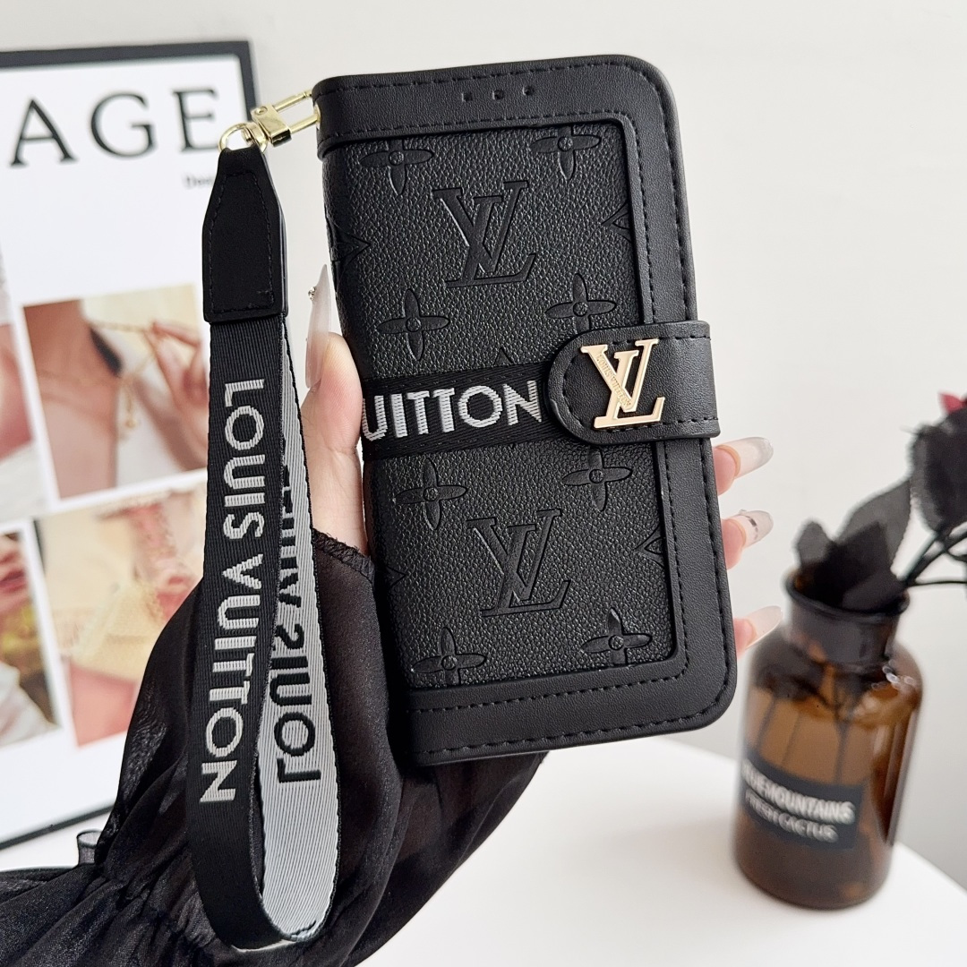 Luxury Designer Monogram Flip Wallet Phone Case with Wrist Lanyard