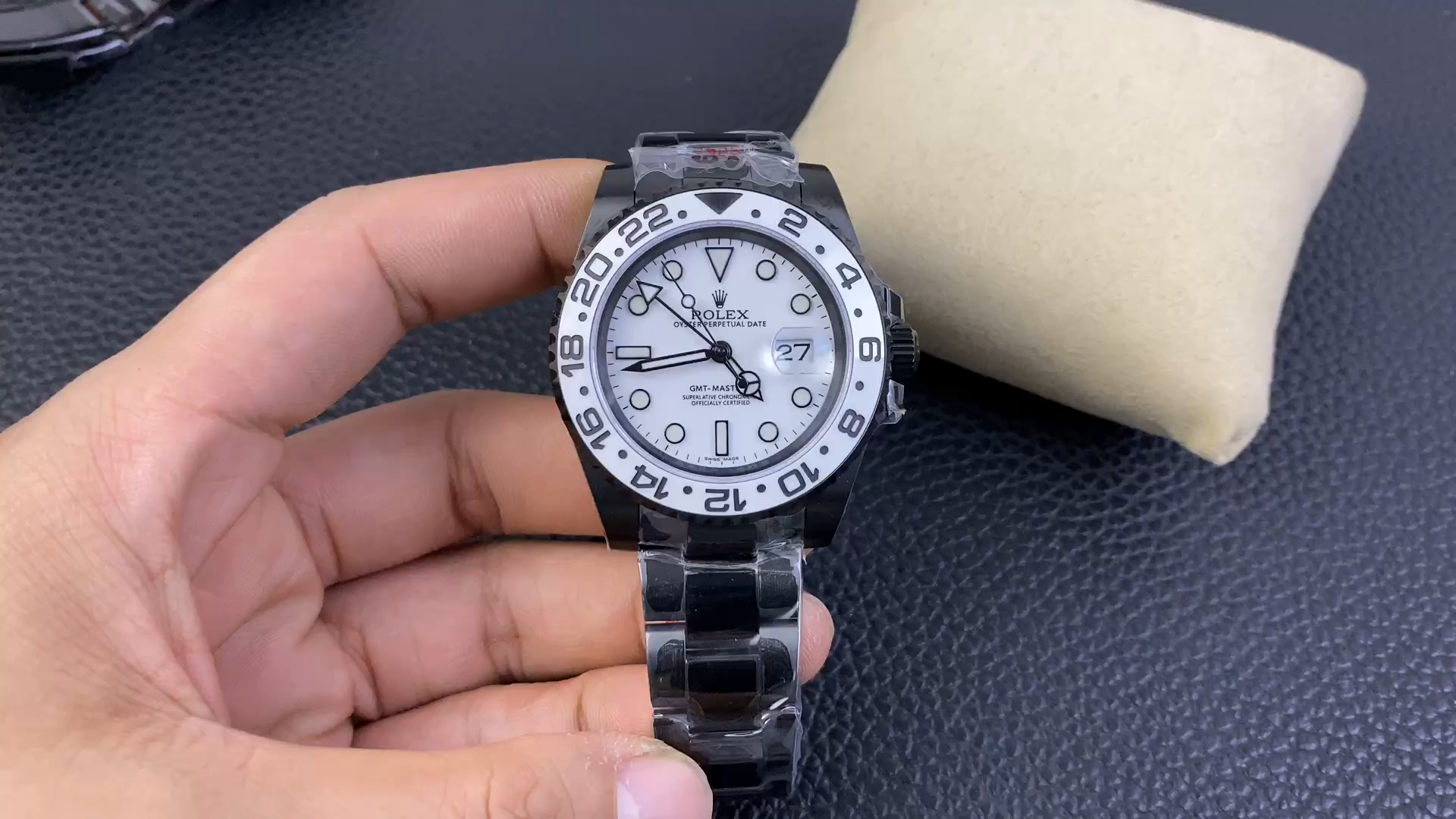 【Super Clone】Rolex GMT Master II Black PVD/DLC Coated White Dial Stainless Steel 16710 Men's Watch