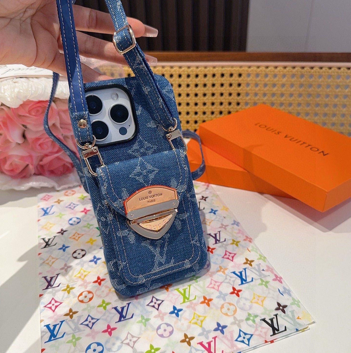 LV Denim Lock Card Holder Phone Case with Crossbody Strap