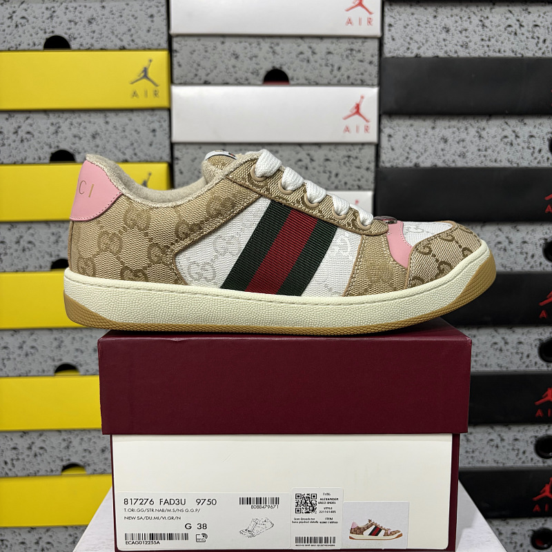 Gucci Screener White Canvas Navy Pink Heel