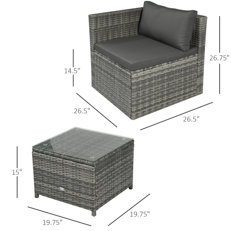 3 Pieces Patio PE Rattan Bistro Set Cushioned Armchair Sofa and