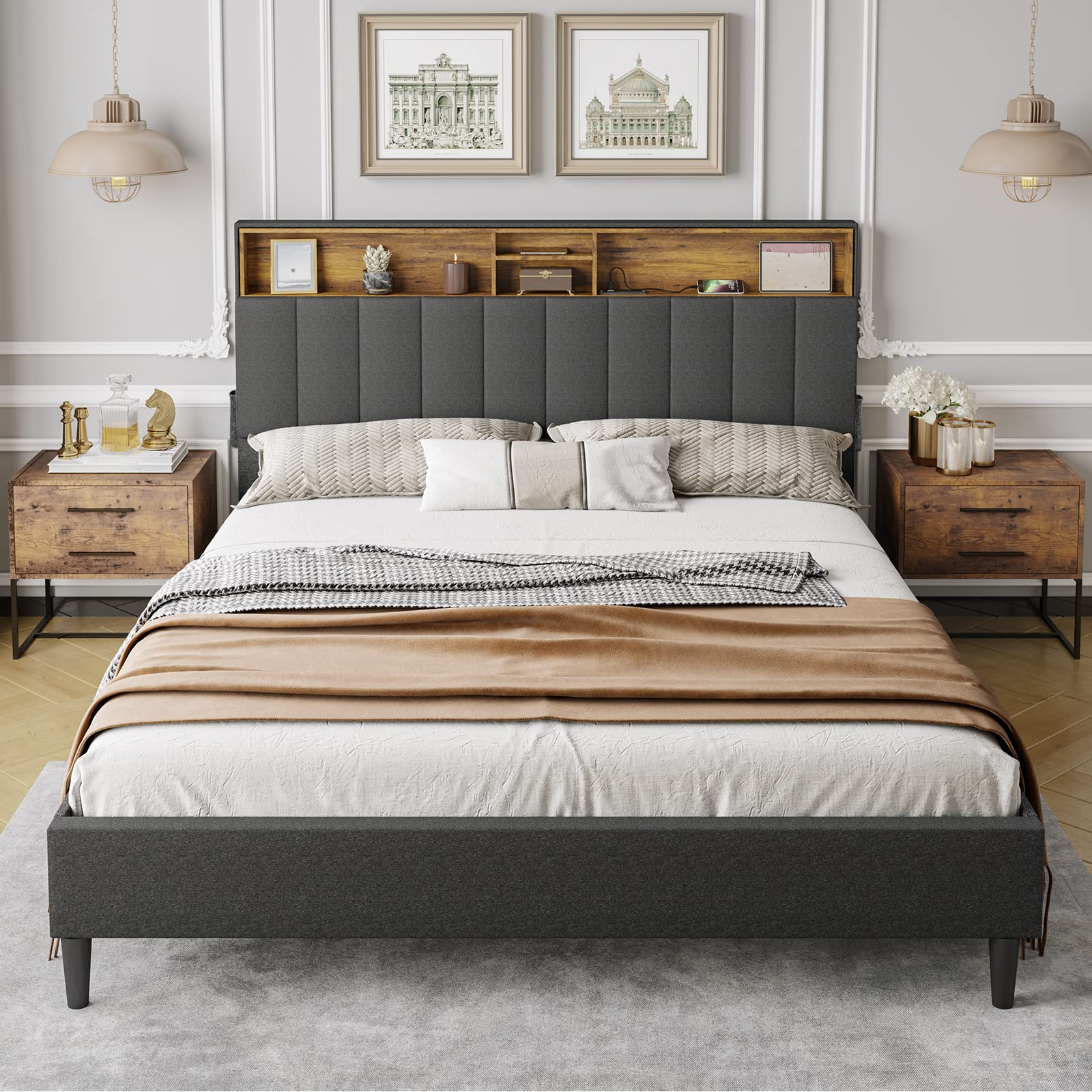 Queen Bed Frame with USB Ports and Outlets