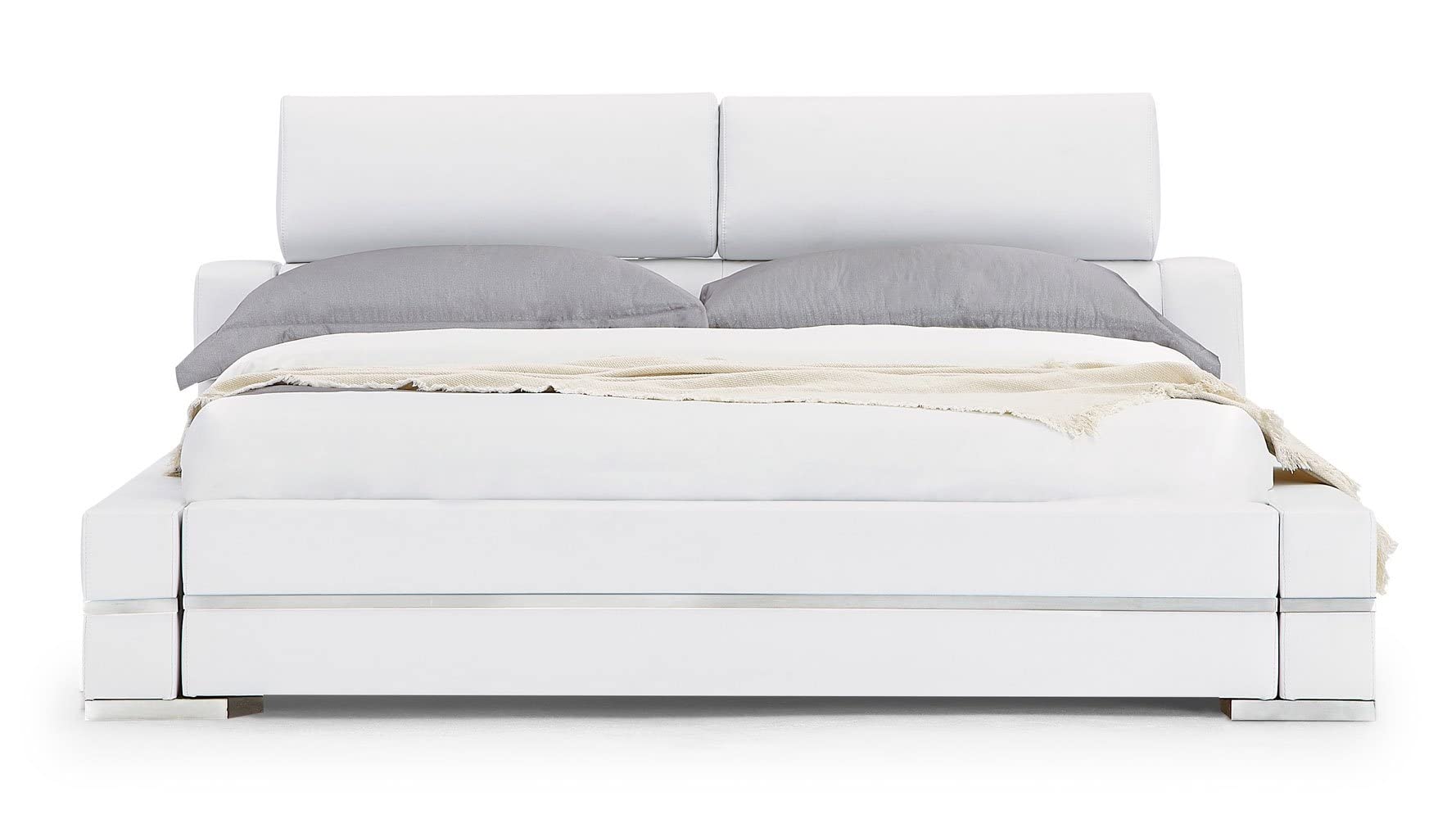 Hera Genuine White Leather Platform Bed with Adjustable Headrests