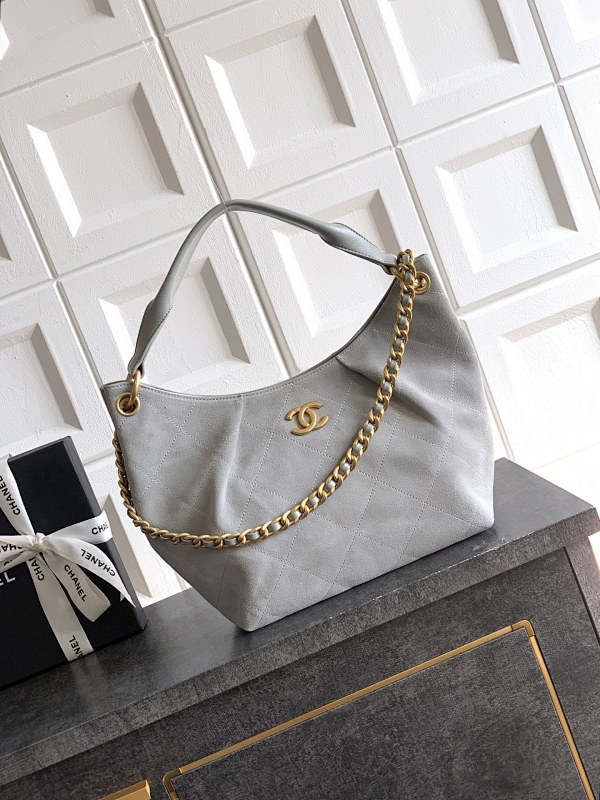 Chanel Suede Hobo Bag Light Grey