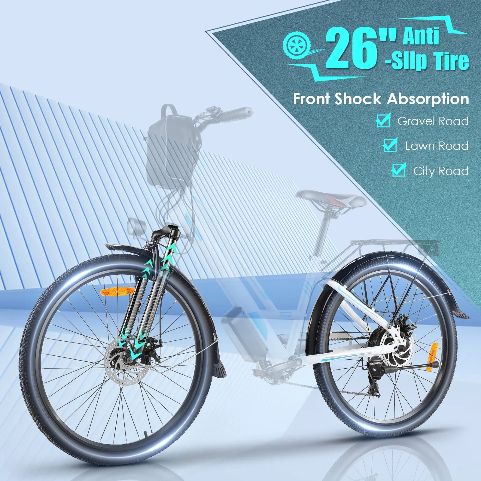 Elifine 26in Electric Commuter Bike, 500W, 48V 7.8Ah, 7-Speed