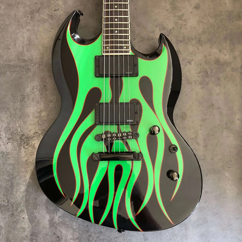 LTDMetallic James Hetfield Grynch Signature Green Flame Black SG Electric Guitar