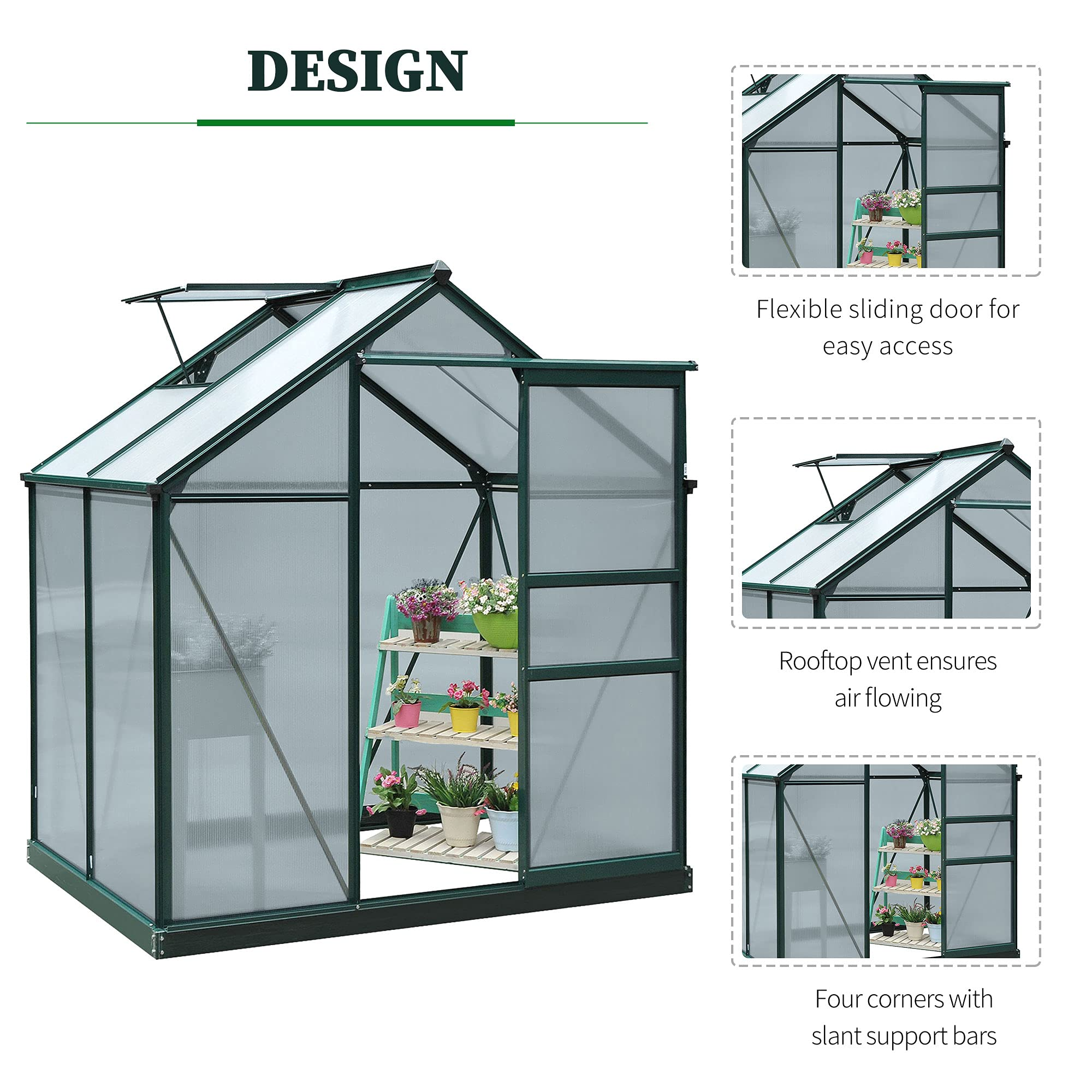 6'x4'x7' Polycarbonate Greenhouse Walk-in Plant Greenhouse for