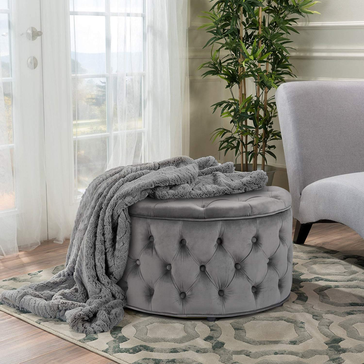 Homebeez Round Velvet Storage Ottoman