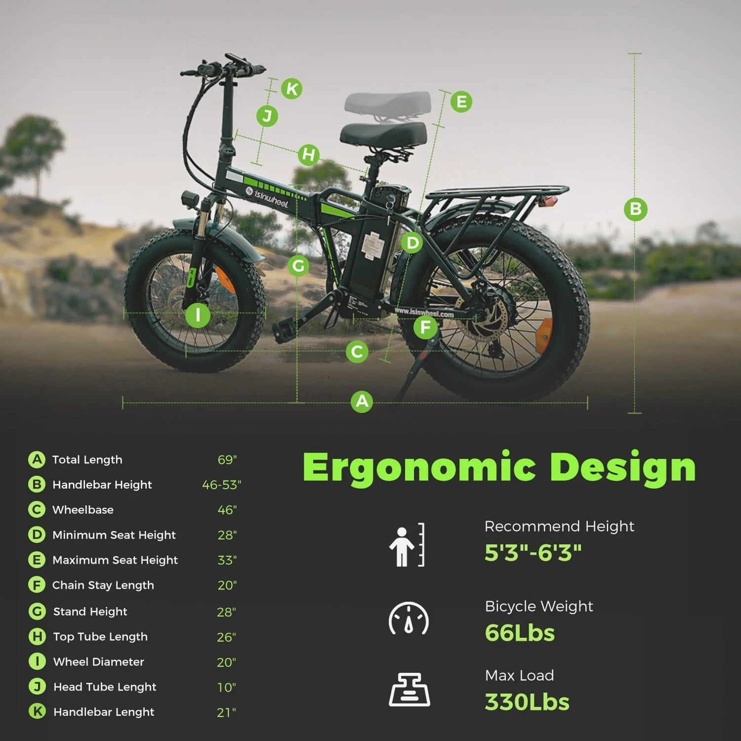 isinwheel D4 20in Folding Fat Tire Electric Bike, 500W, 15Ah