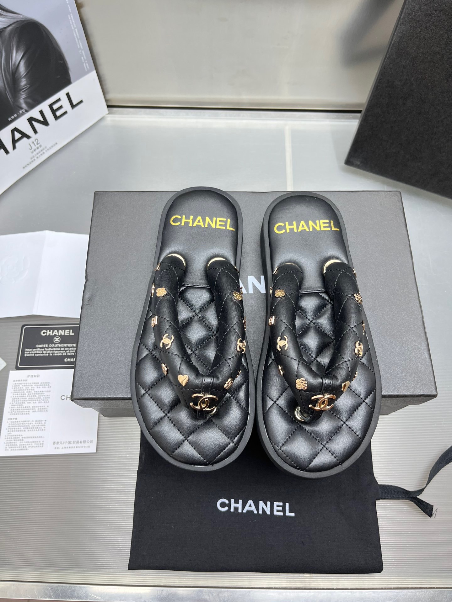 Chanel Quilted Lambskin Charms Thong Sandals