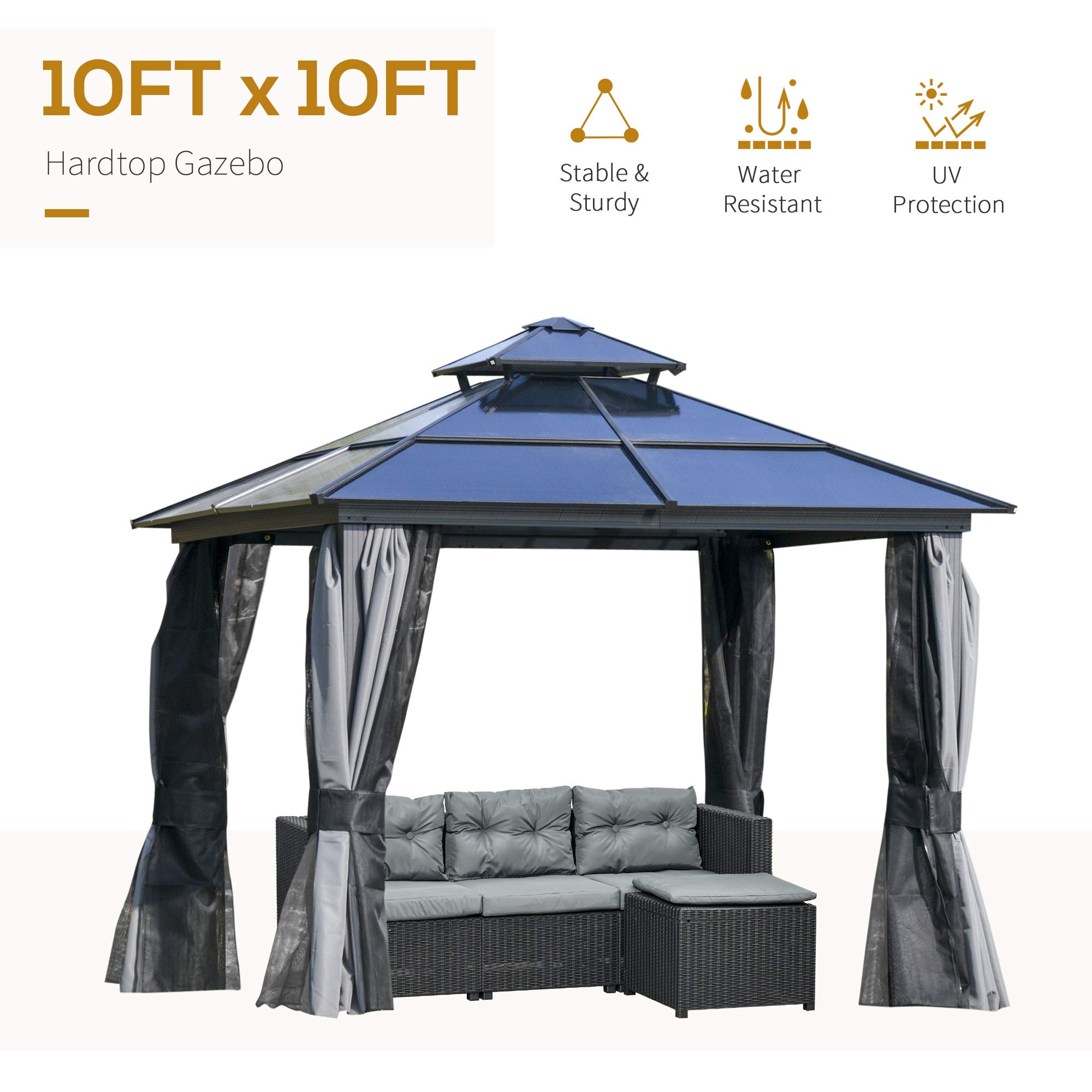 Hardtop Gazebo Canopy Double Tier Roof Frame with Curtains