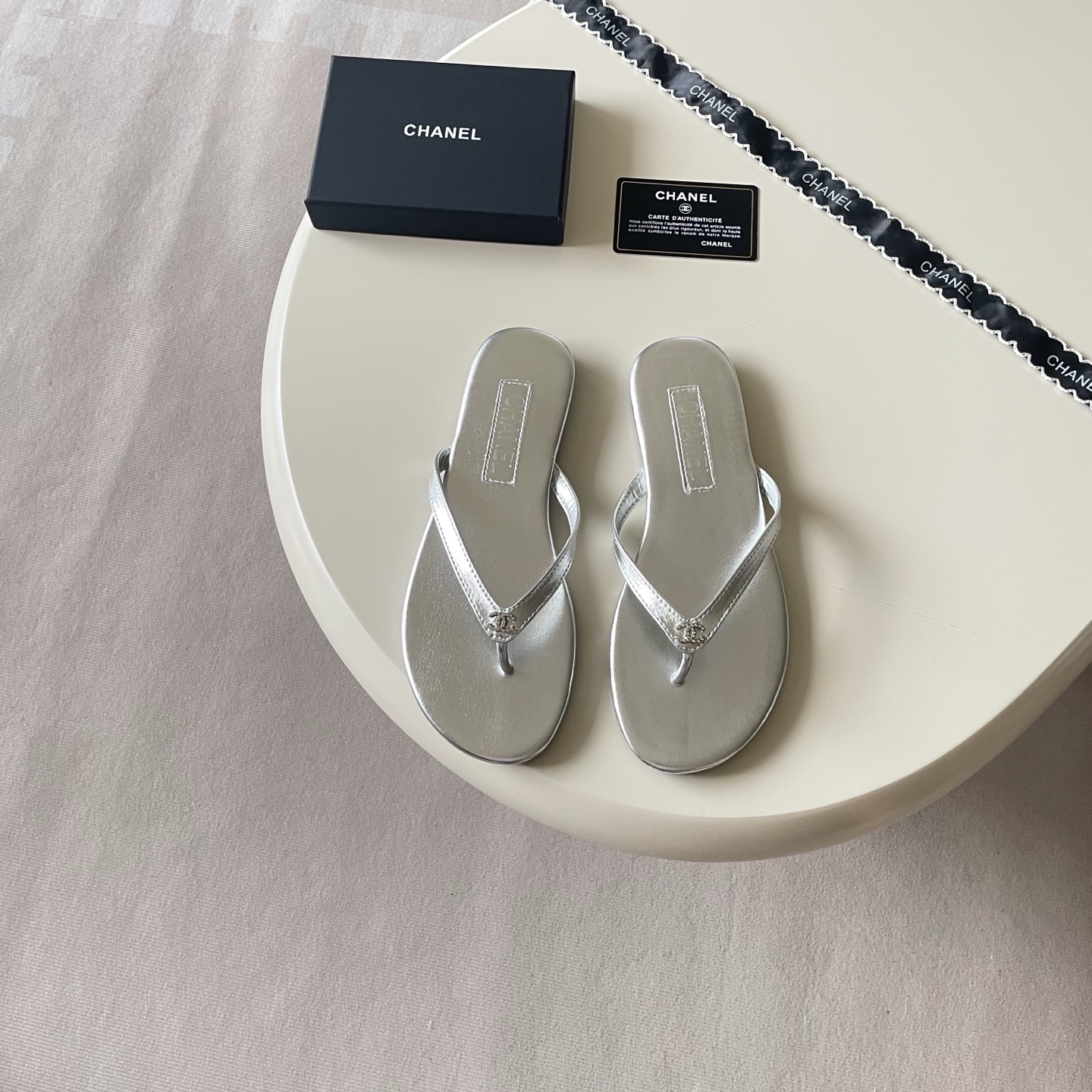 Chanel Embellished Logo Flip-Flops - Silver & Gold