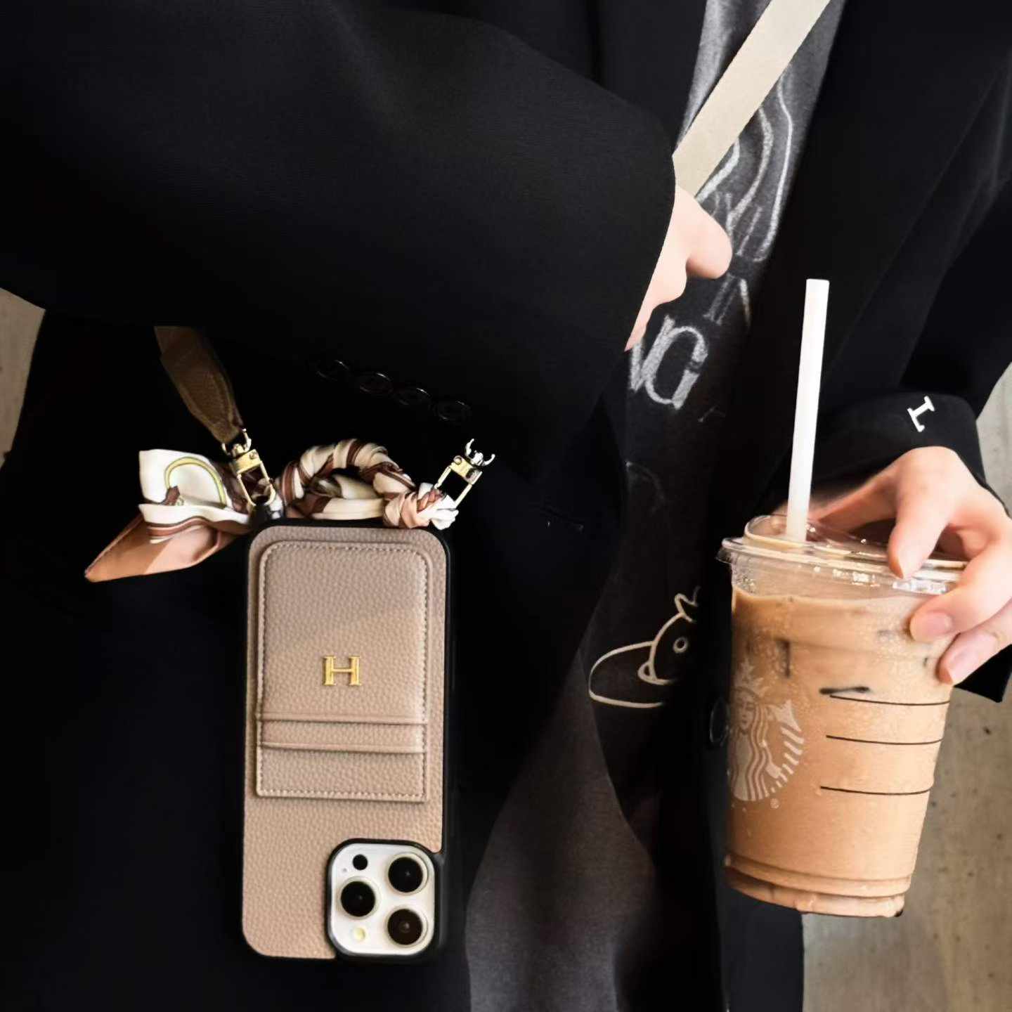 Grain Leather Card Pocket Phone Case With Decorative Silk Scarf Wrist Strap For iPhone Series