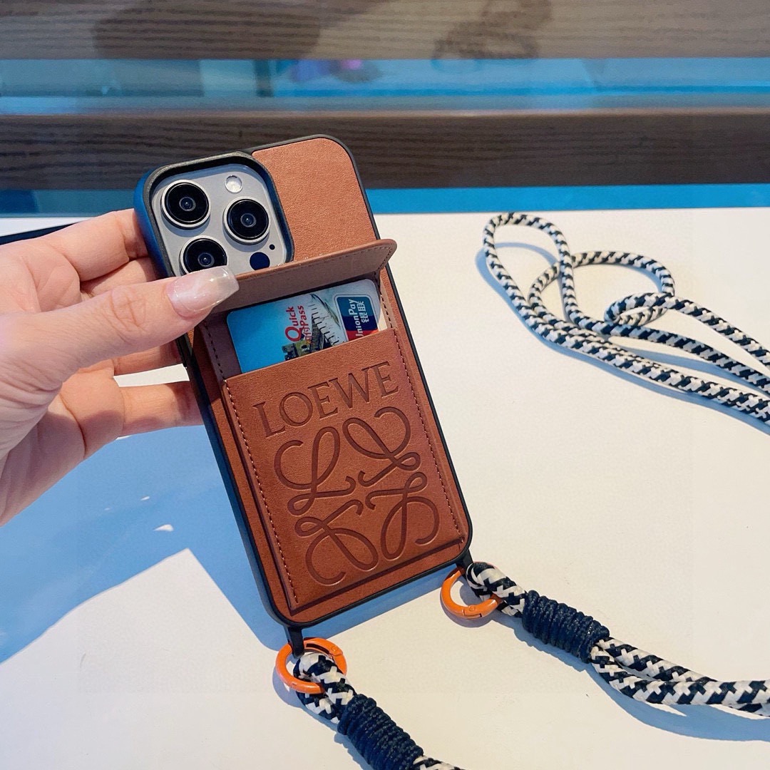 Loewe Style Leather Card Holder Phone Case with Crossbody Woven Strap