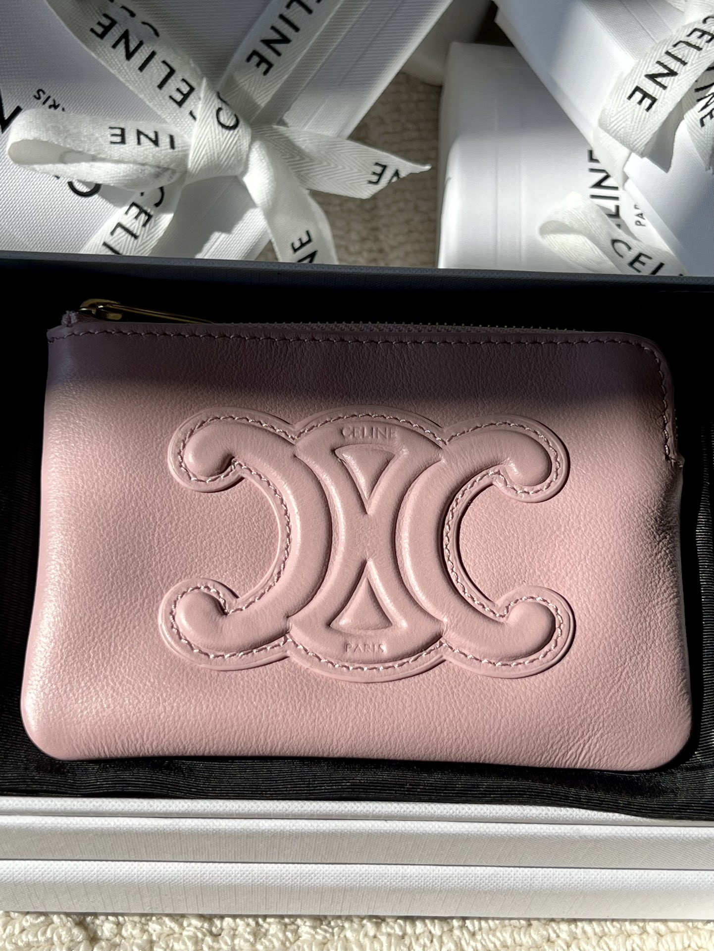 Celine Triomphe Embossed Smooth Calfskin Zipped Card Coin Pouch Blush Pink