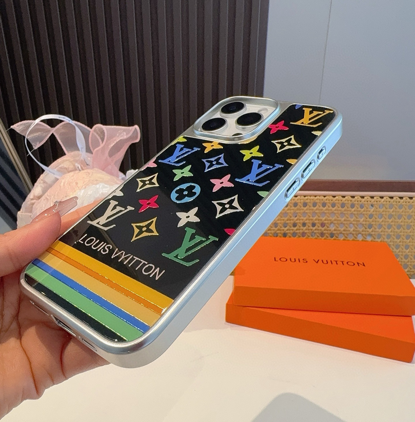 LV New Arrival Gilded Craft Electroplated Glass Phone Case