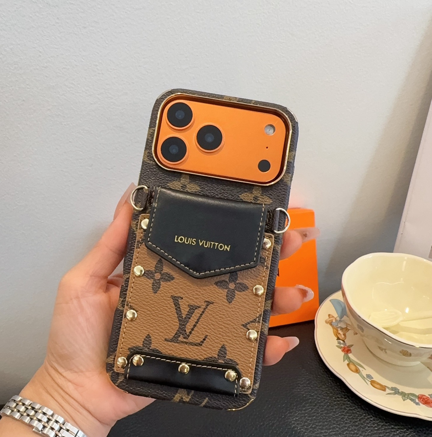 Louis Vuitton Style Monogram Card Holder Crossbody Phone Case With Rivet Detail