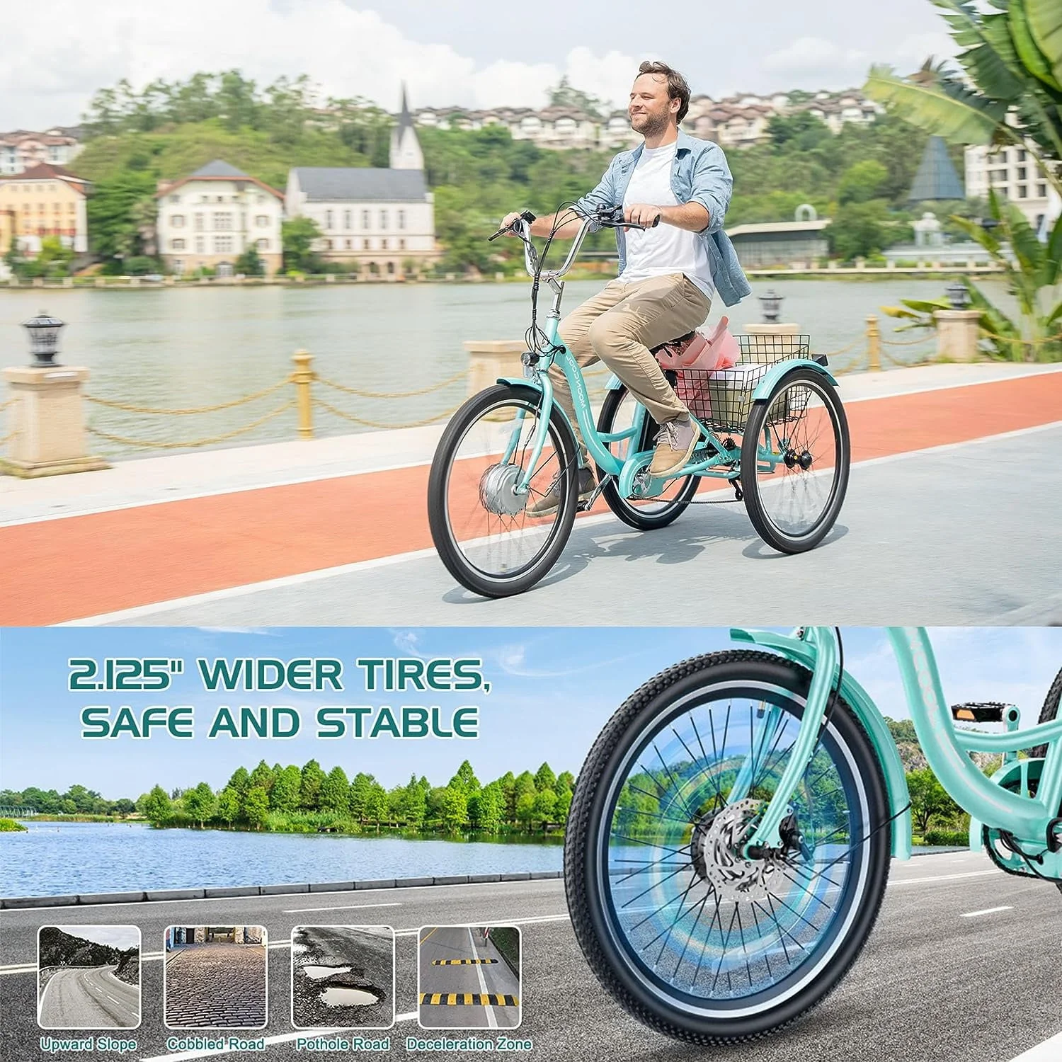 ABORON 3-Wheel Electric Tricycle with Basket, 350W, 36V 10Ah