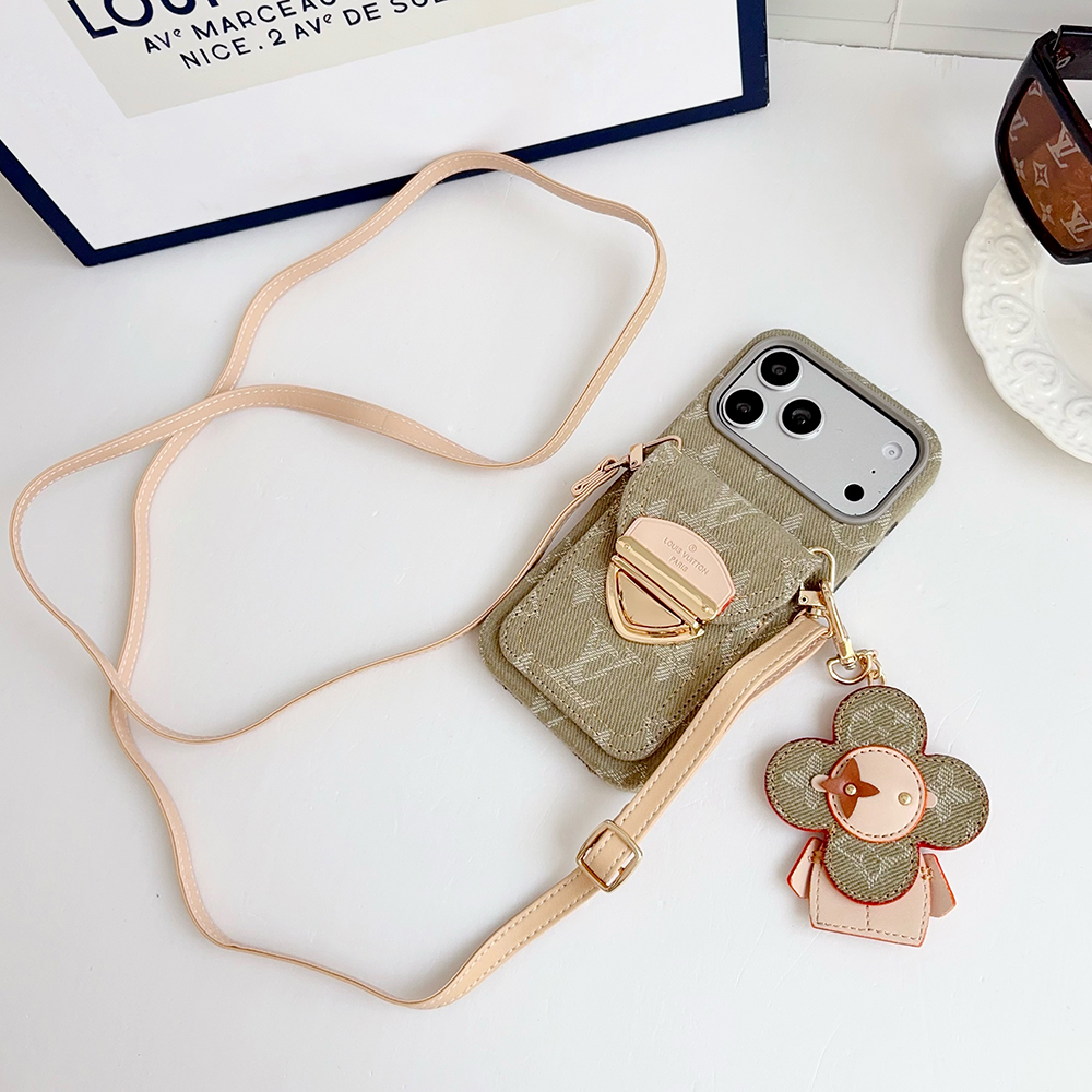 LV Monogram Denim Card Holder Phone Case With Chain Wrist Strap Vivienne Flower Charm