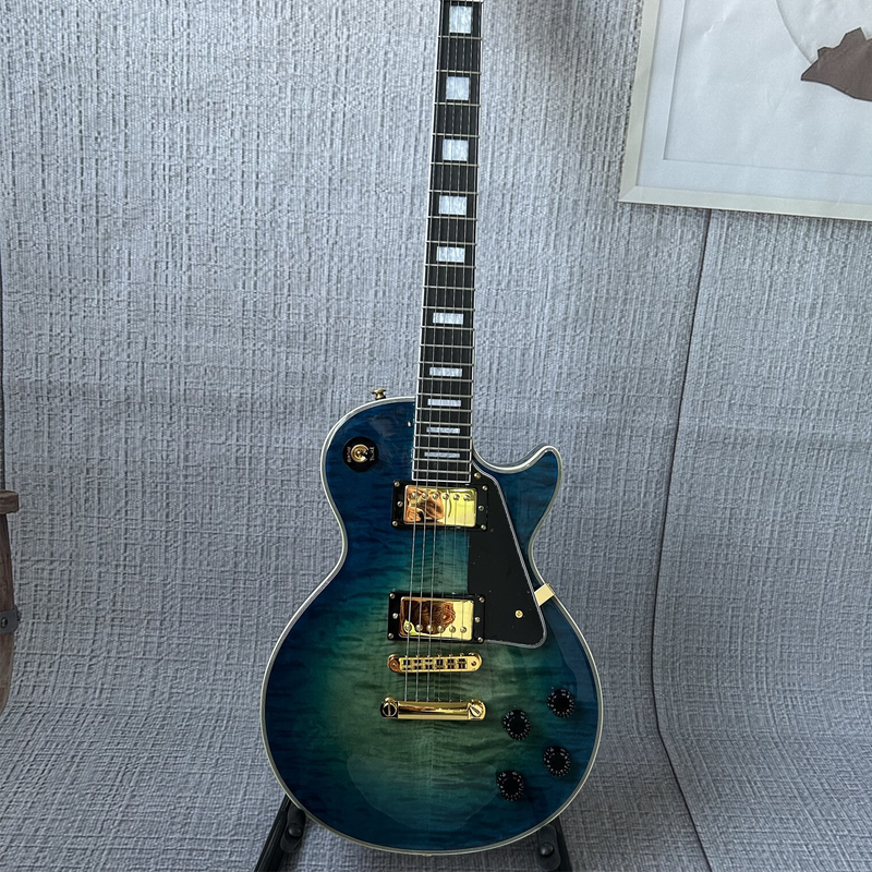 LP Blue Electric Guitar Gold Parts Black Pickguard Fixed Bridge 6 Strings