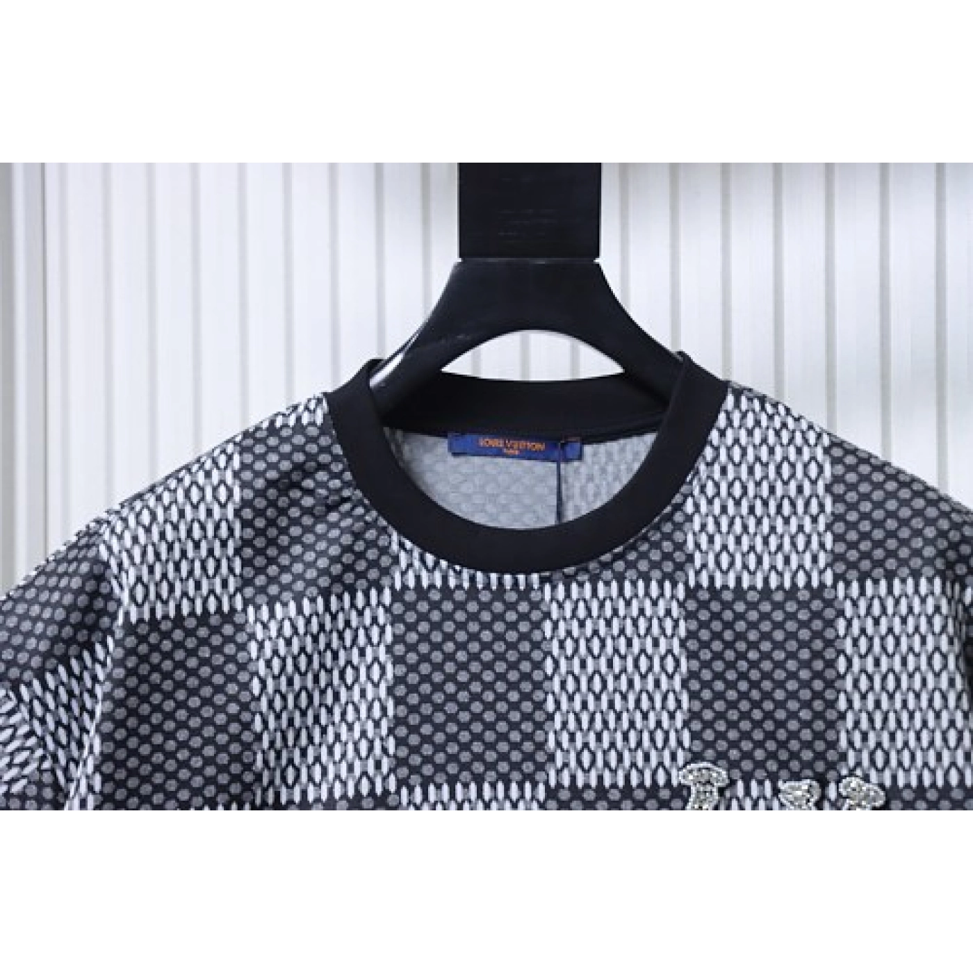 Louis Vuitton Rhinestone Letter Logo Checkerboard T-Shirt Black