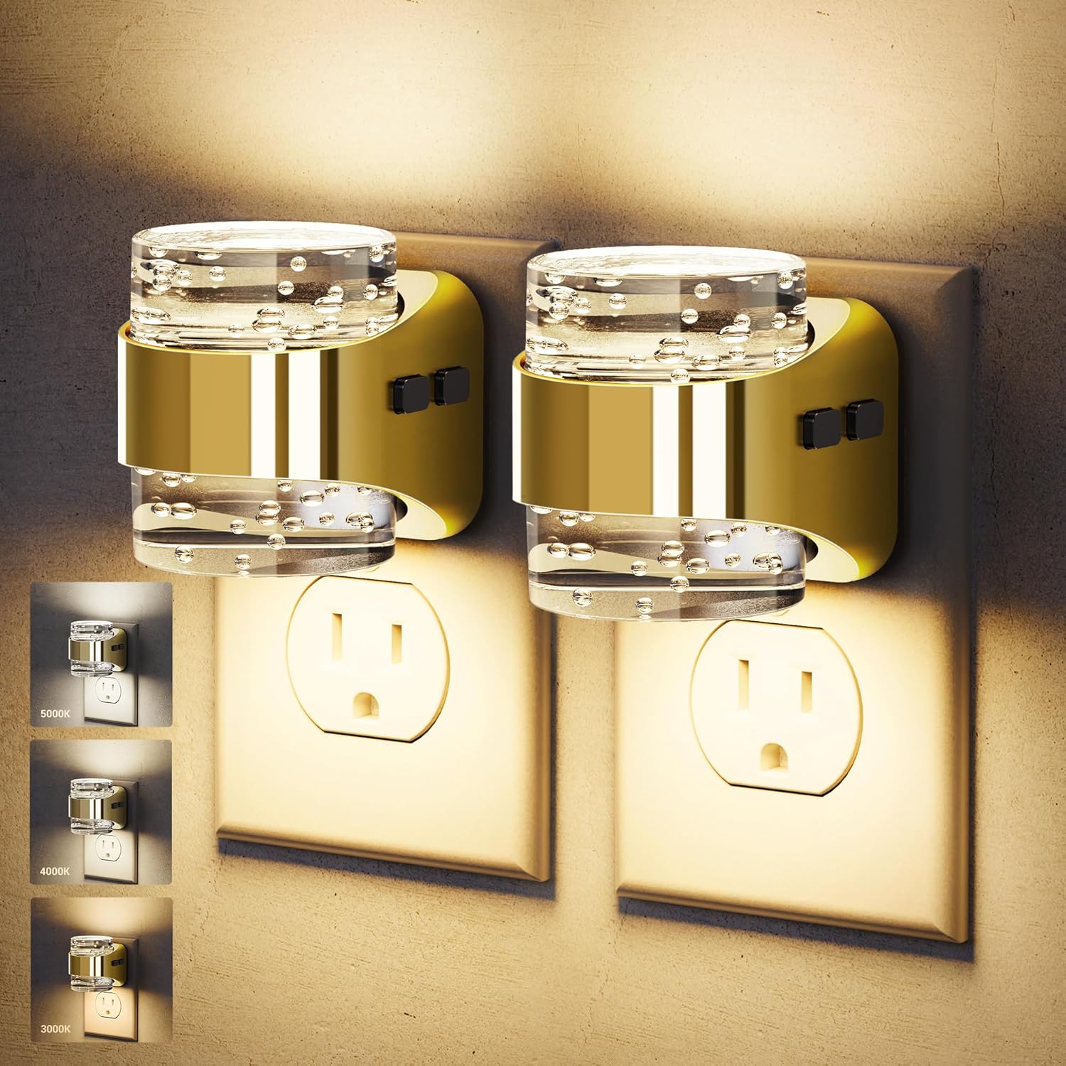 Golden Bubble Night Lights Plug into Wall, [2 Pack]Night Light3000K/4000K/5000K & 3 Brightness Levels