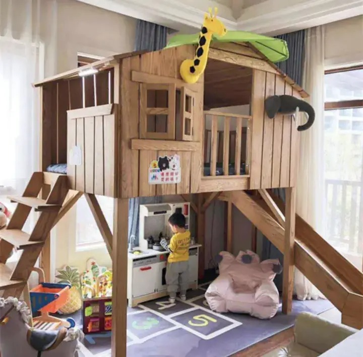 Cabin Shape Bunk Beds with Attached Stairs & Slide