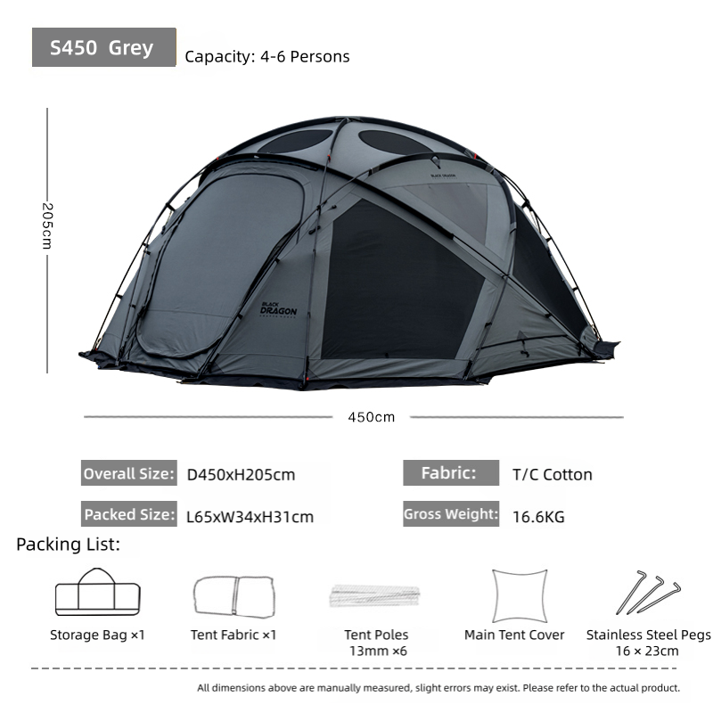 BLACK DRAGON S450 Cotton Canvas Tent Spherical Dome, Large Space, Windproof and Rainproof