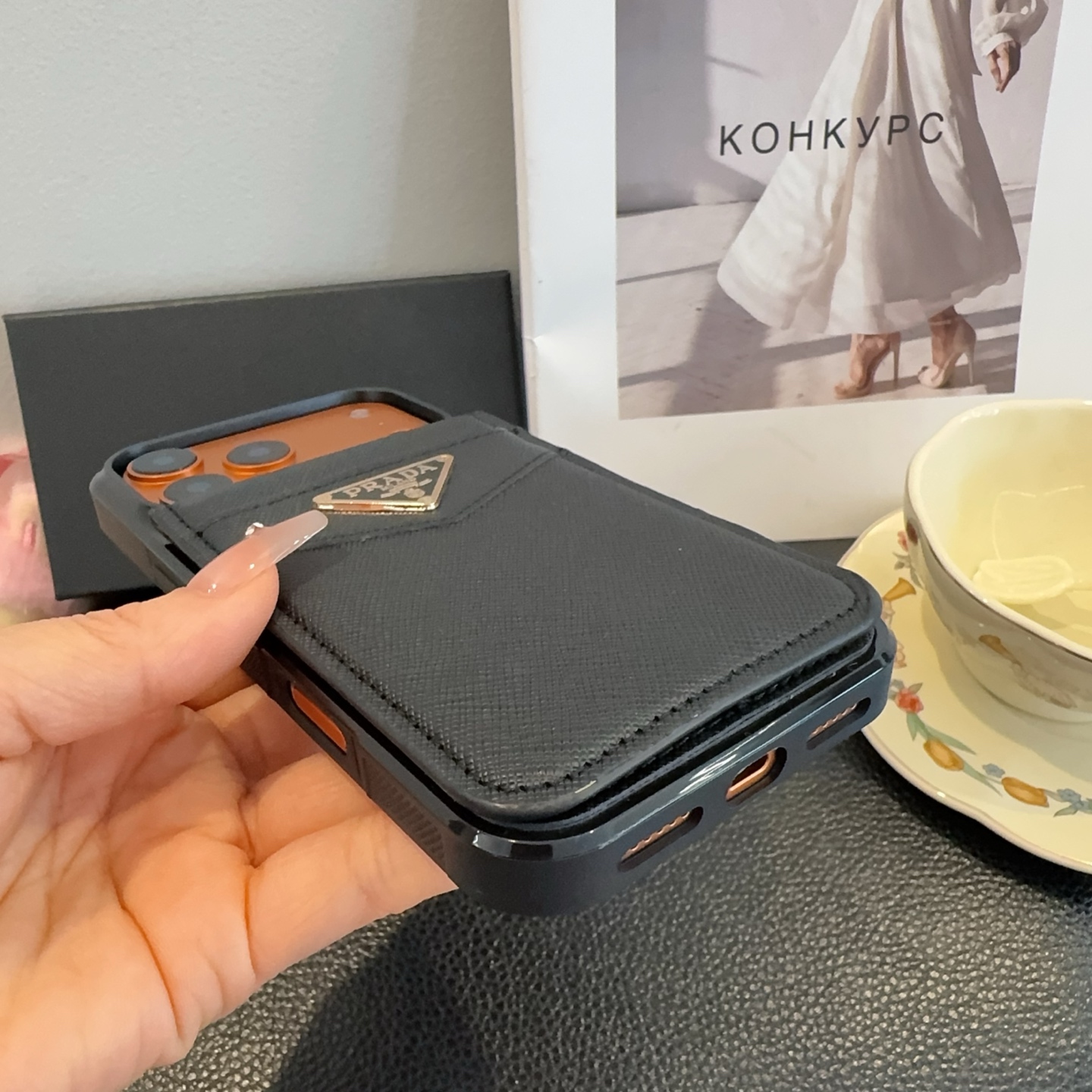 Prada Saffiano Leather Flip Wallet Card Holder Luxury Phone Case