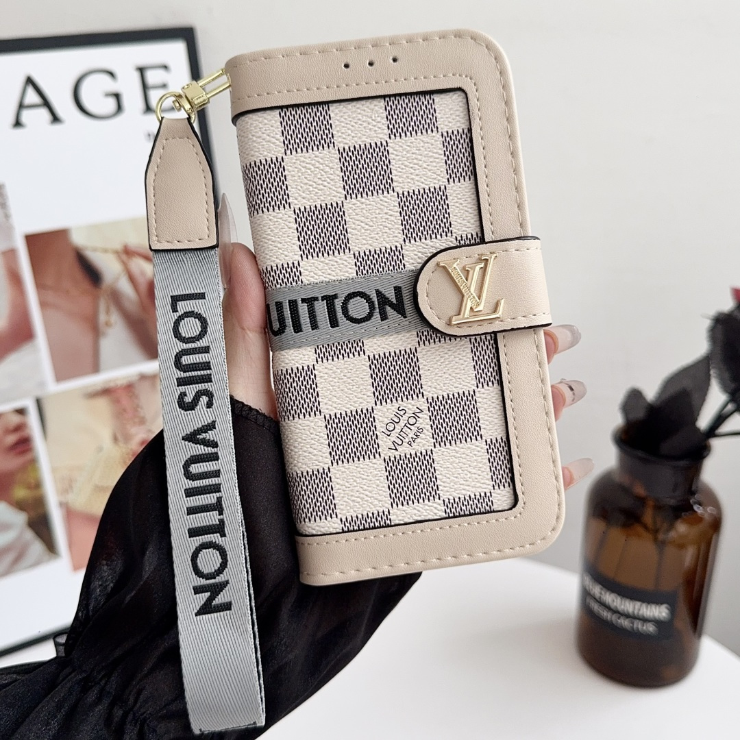 Luxury Designer Monogram Flip Wallet Phone Case with Wrist Lanyard