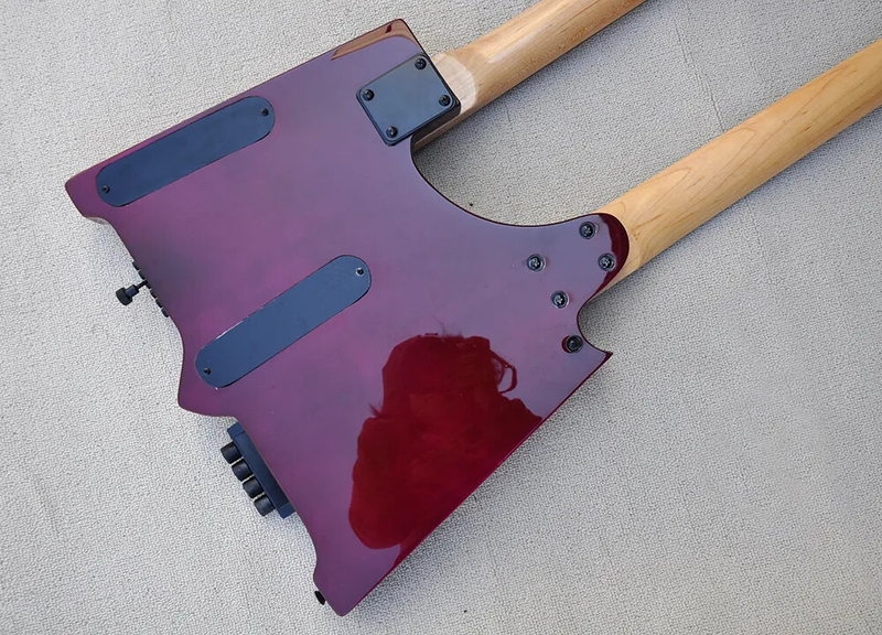 Purple 4+6 Strings Headless Double Neck Electric Guitar Flame Maple Veneer Top