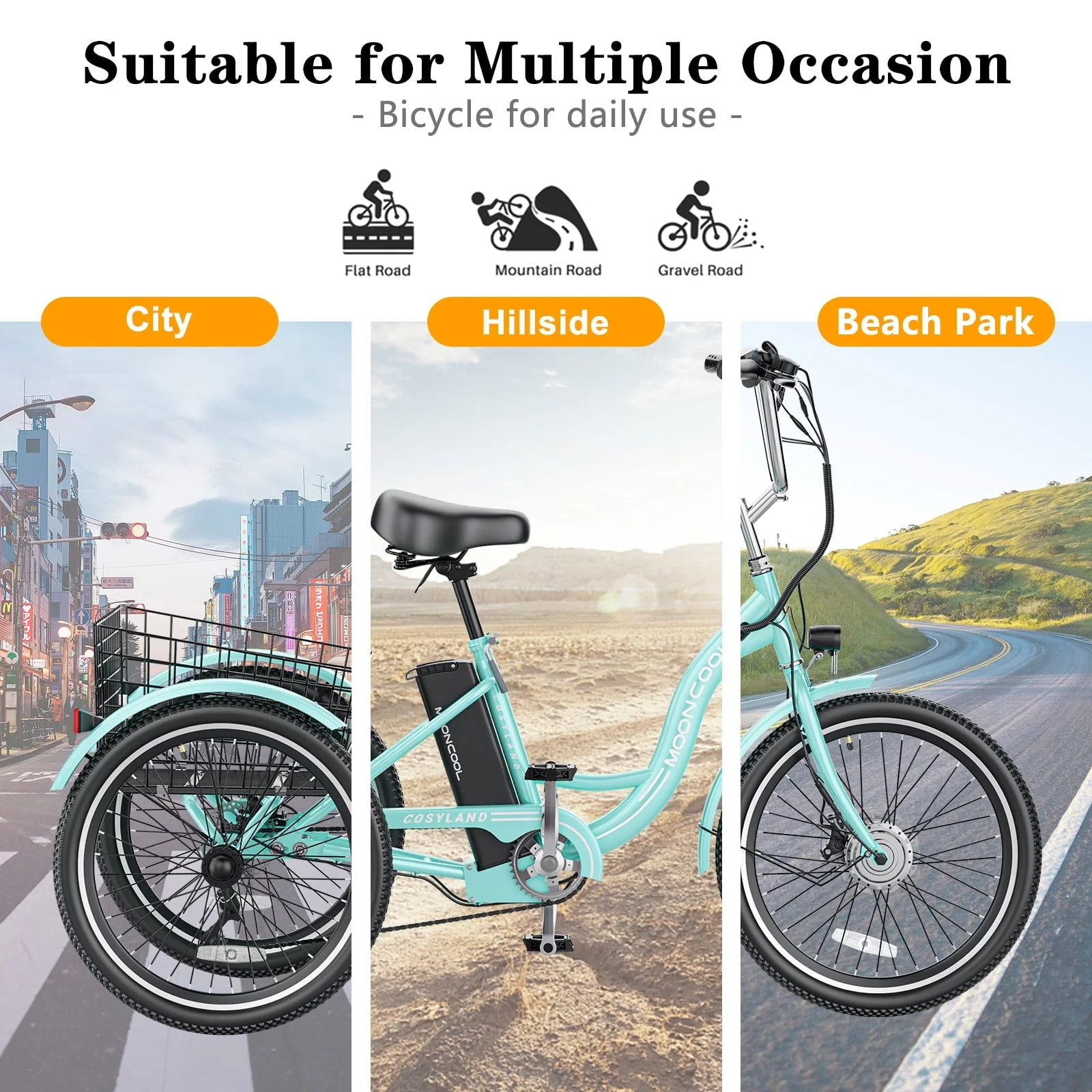 ABORON 3-Wheel Electric Tricycle with Basket, 350W, 36V 10Ah