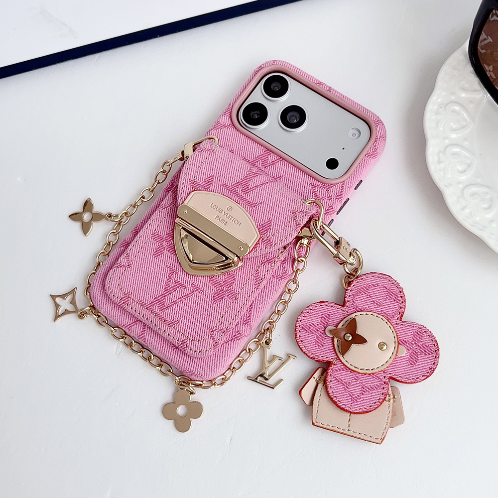 LV Monogram Denim Card Holder Phone Case With Chain Wrist Strap Vivienne Flower Charm