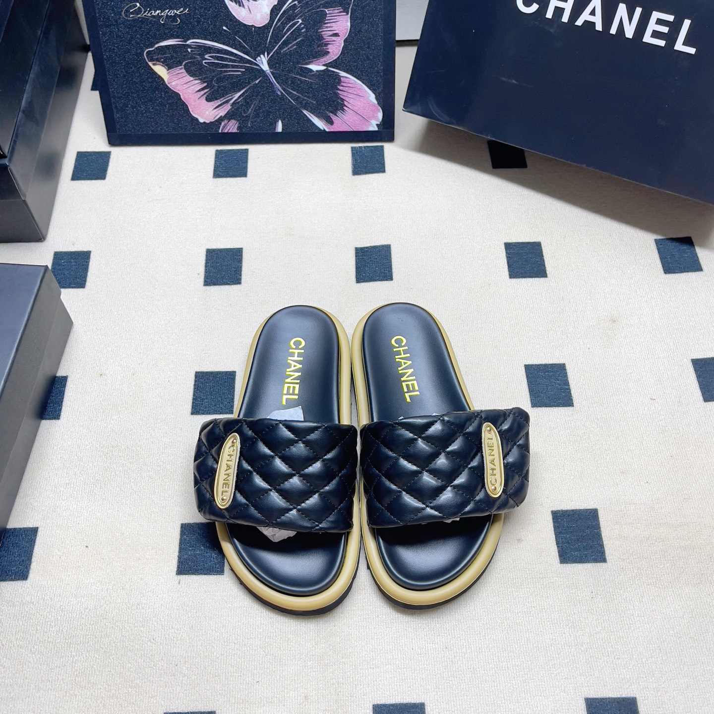 Chanel Quilted Flat Slide Sandals - Black & Burgundy