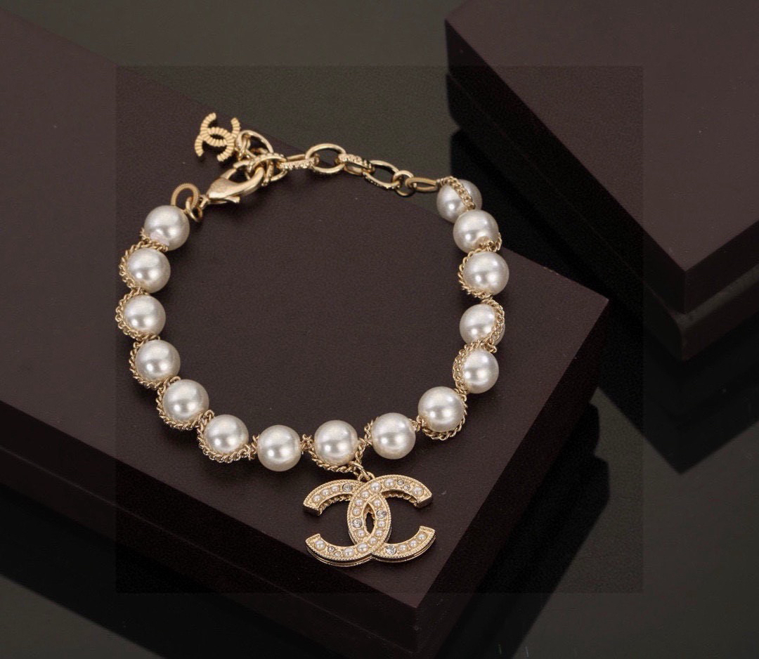 Chanel Light Gold-Tone Metal Faux Pearl CC Bracelet & Pendant Necklace