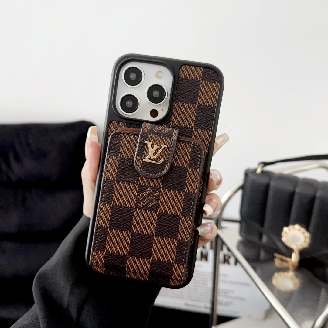 Designer Monogram Card Holder Phone Case with LV & GG Metal Buckle