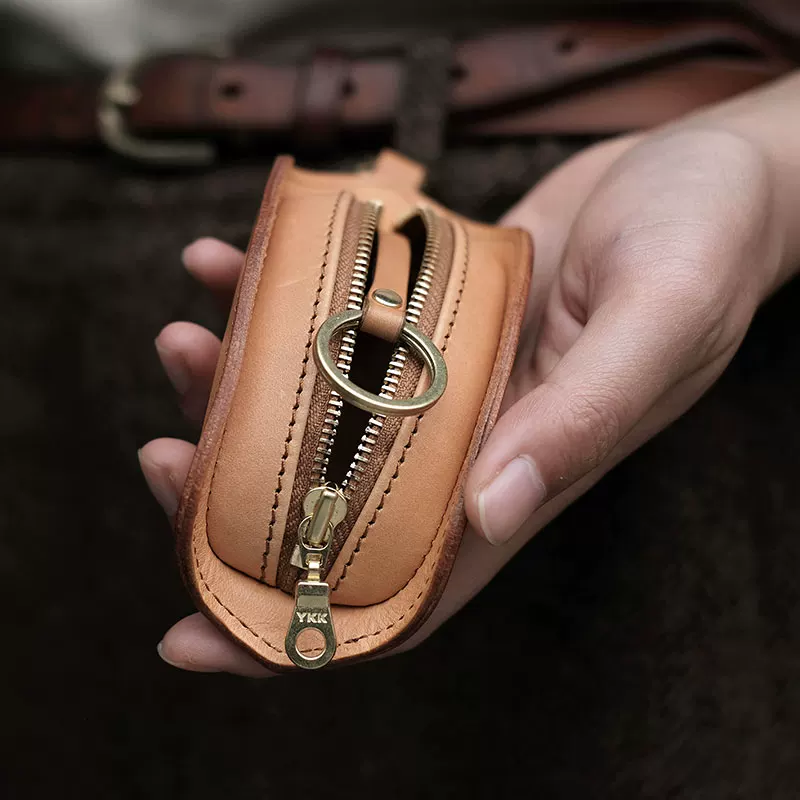Genuine leather compact zipper key bag