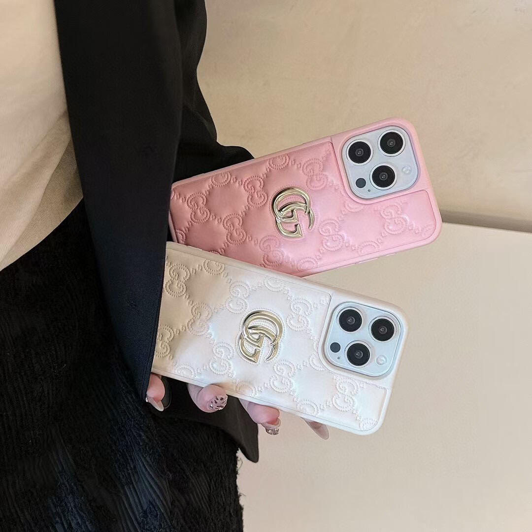 Gucci Embossed GG Monogram Metal Logo Premium Leather Luxury Phone Case