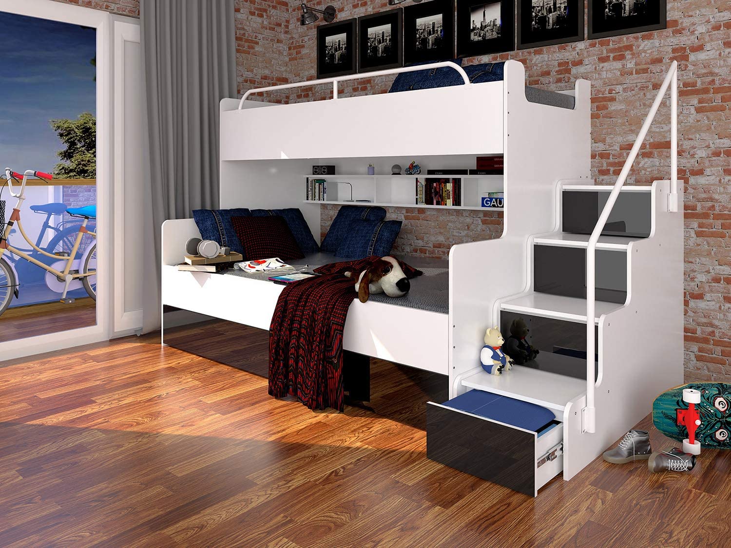 Bunk Bed for 2 Children Stairs Shelves Drawers Rail