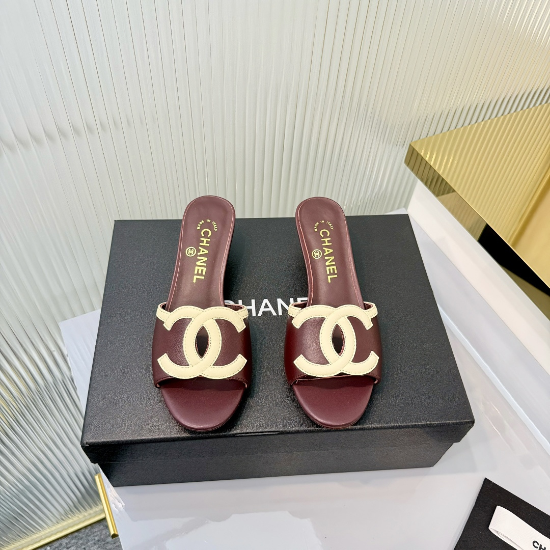 Chanel Oversized Logo Mules - Burgundy & Black