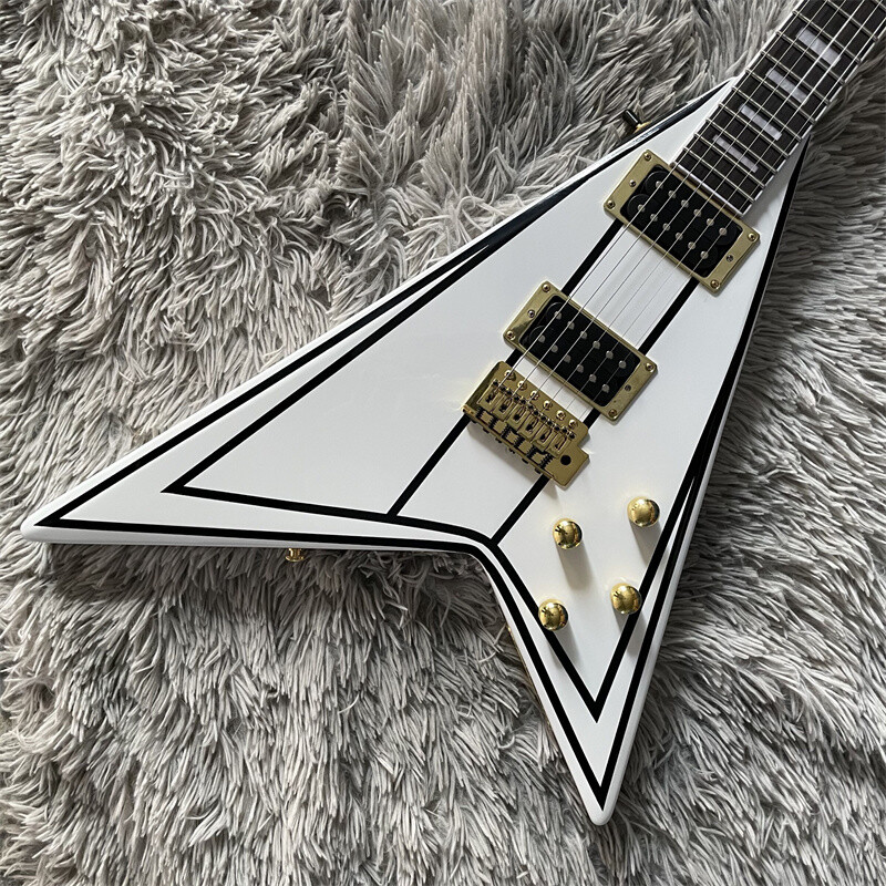 White with Pinstripes V Shape Electric Guitar Solid Body 6 String H-H Pickups