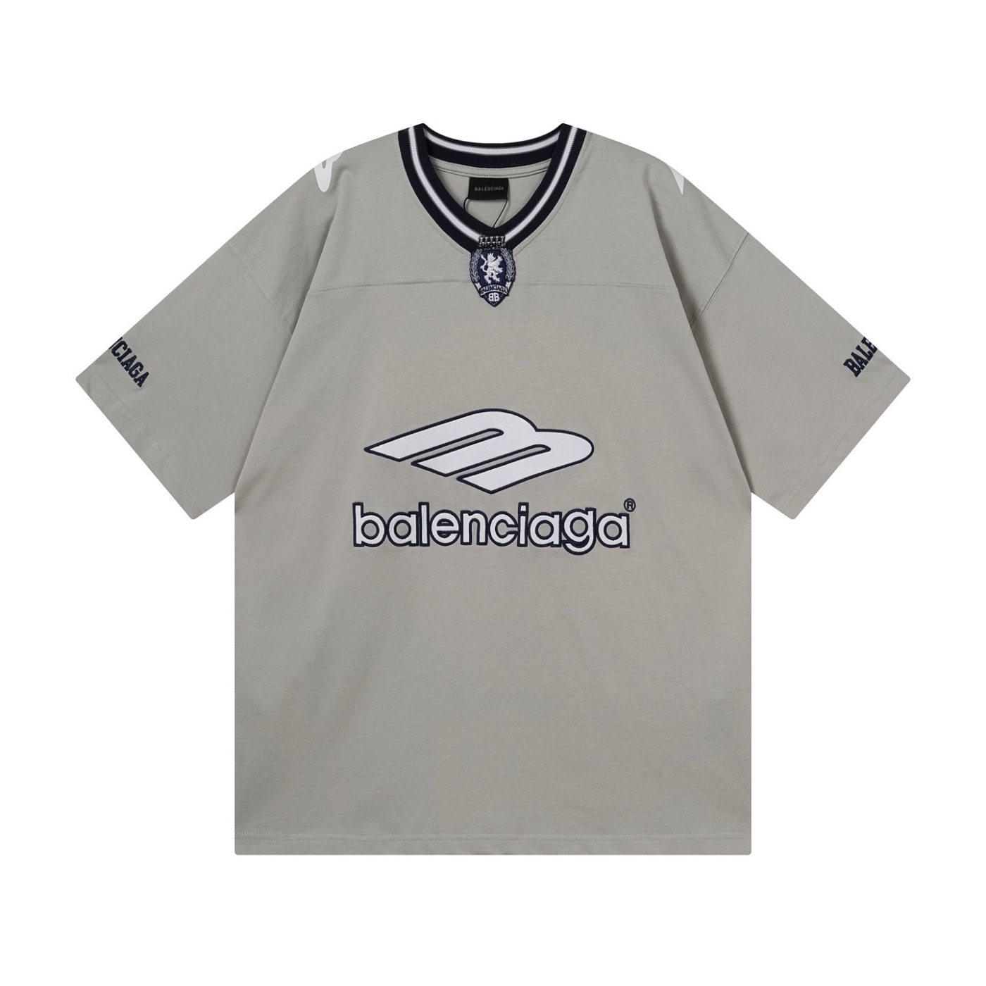 Balenciaga 3B Silhouette Ribbed V-neck Printed T-shirt Black/Dark Blue/Gray