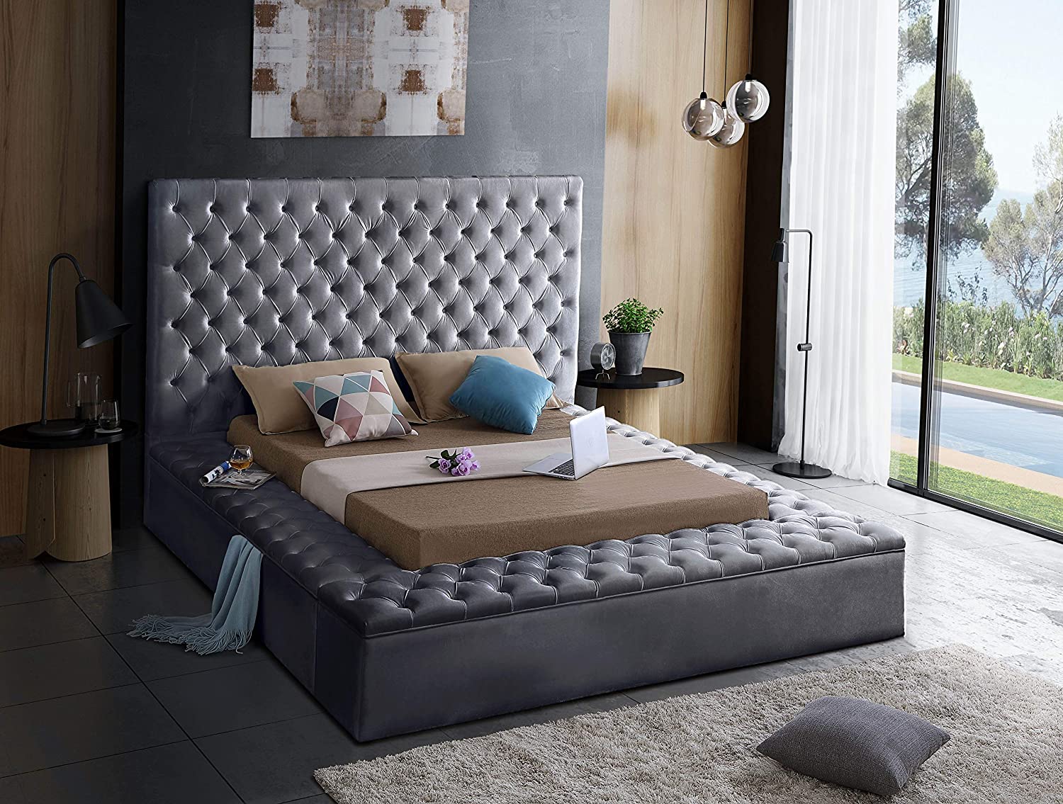 Velvet Upholstered Bed with Deep Button Tufting & Storage