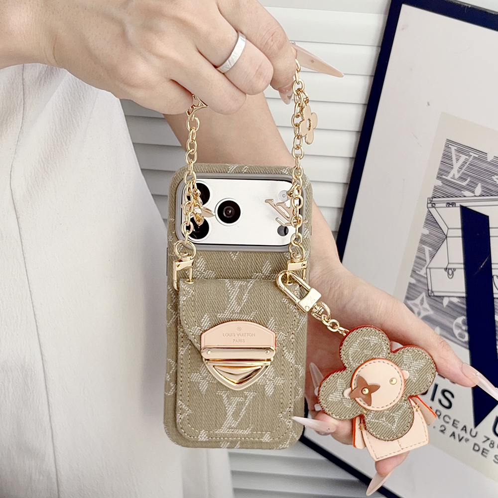 LV Monogram Denim Card Holder Phone Case With Chain Wrist Strap Vivienne Flower Charm