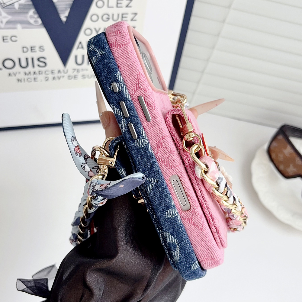 LV Monogram Denim Card Holder Phone Case With Chain Wrist Strap Vivienne Flower Charm