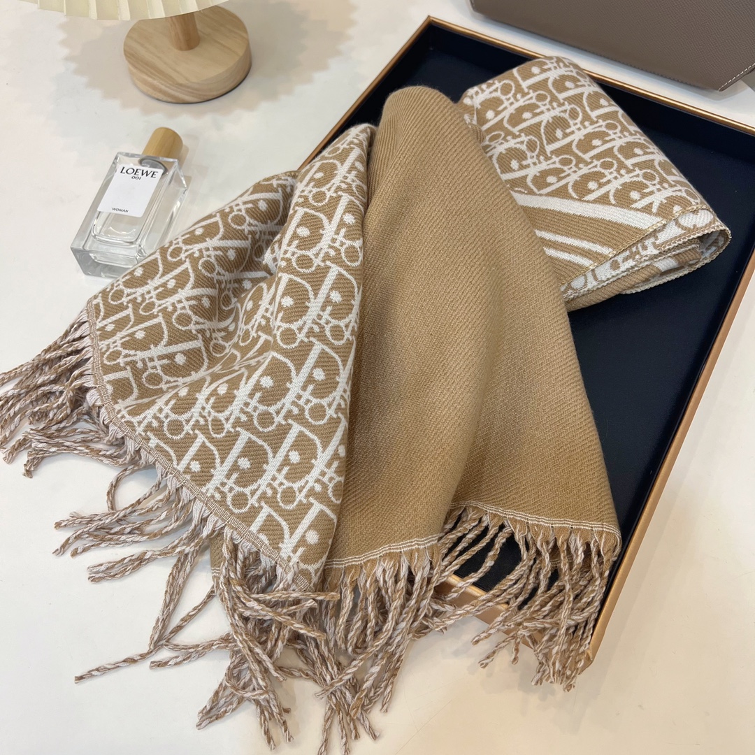 Dior Logo Jacquard Shawl Burgundy and Beige