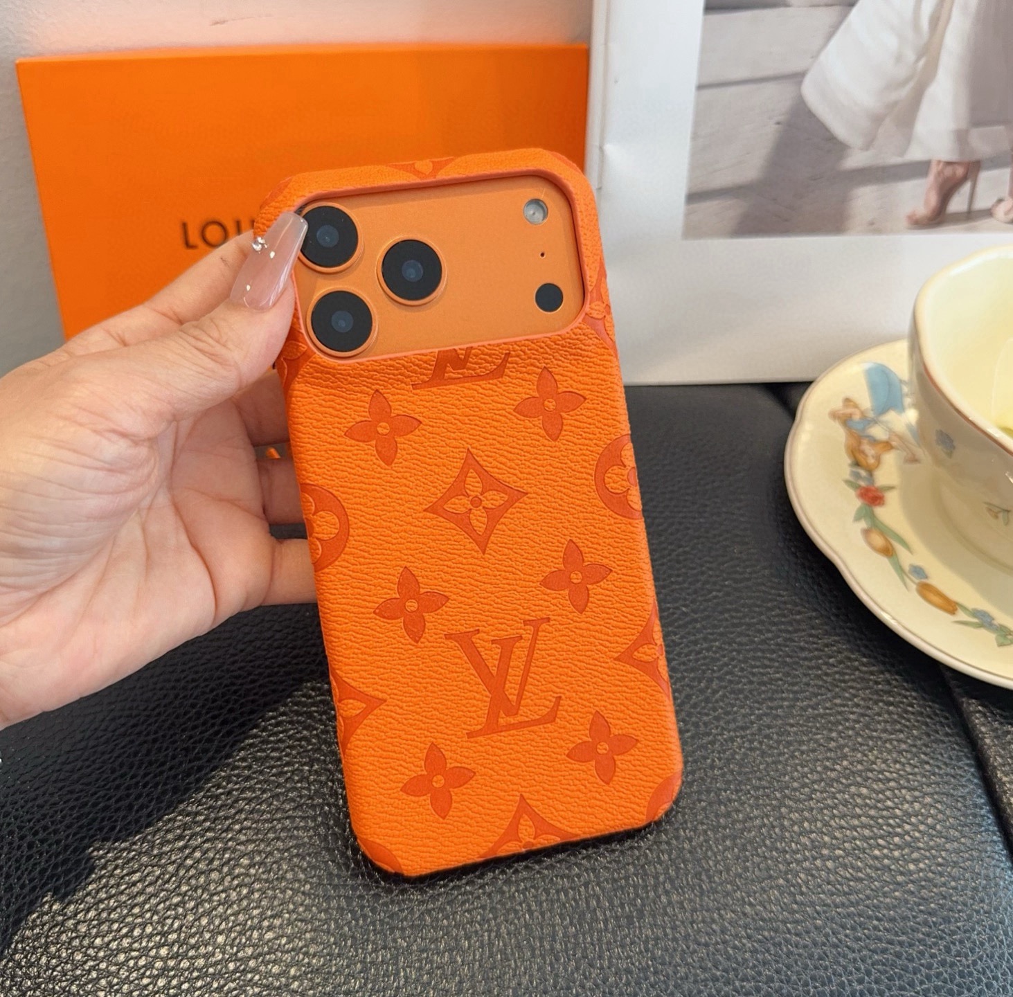 Louis Vuitton Style Embossed Monogram Leather Slim Phone Case
