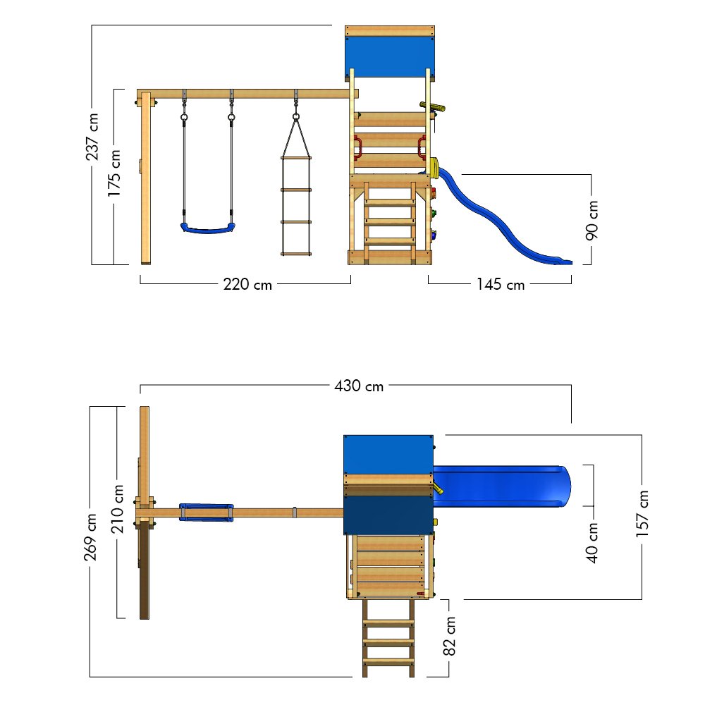 Wooden climbing frame TurboFlyer with swing set and blue slide